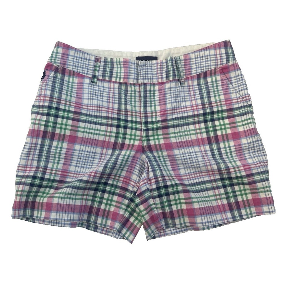 Ralph Lauren Girls Plaid Shorts Pink Chino Green Blue 5 Inseam Preppy Youth 14